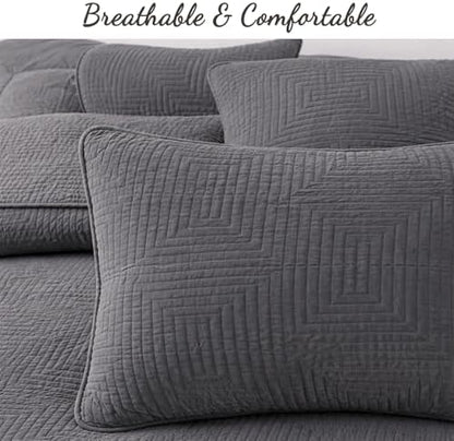 Cozy Line Home Fashions 100% Cotton Quilt Set – 3-Piece Charcoal Gray Geometric Basketweave Quilted Bedspread with Shams, Lightweight All Season Modern Bedding (Maze Gray, King)