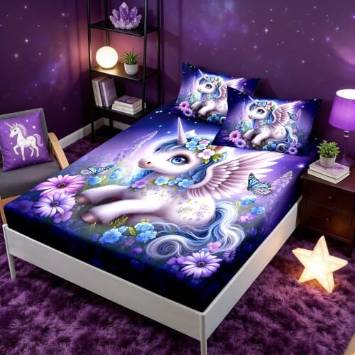 HOSIMA Kids Kawaii Unicorn Twin Bedding Sets,1 Fitted Sheet+2 Pillowcases.