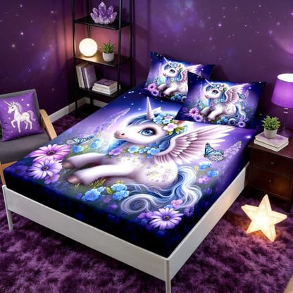 HOSIMA Kids Kawaii Unicorn Twin Bedding Sets,1 Fitted Sheet+2 Pillowcases.