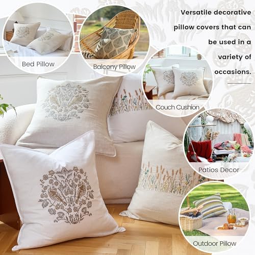 Simple&Opulence 100% Linen Euro Shams 26'' x 26'' Pack of 2, Embroidery Rosefinch Design Natural Flax Farmhouse Decorative Square Throw Pillow Covers for Bed Couch Sofa - Linen