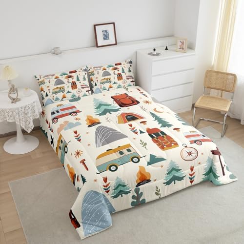 Feelyou Happy Camping Comforter Set for Kids Boys Girls Full Travel Bag Tent Compass Print Bedding Set Soft Outdoor Travel Duvet Quilt Camping Gifts Comforter Travel Trailers Themed