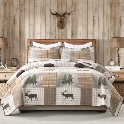PERHOM Quilt King Size, 100% Cotton King Size Quilt, Lodge Cabin Farmhouse King Quilt, Brown Beige Green Plaid Lightweight Soft Quilted Bedspread Sets for All Season, 3 Pieces
