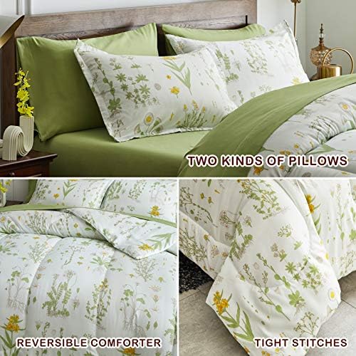 Joyreap 6 Piece Bed in a Bag Twin, Green Leaves Yellow Flower Botanical Design, Smooth Soft Microfiber Comforter Set (1 Comforter, 2 Pillow Shams, 1 Flat Sheet, 1 Fitted Sheet, 1 Pillowcase)