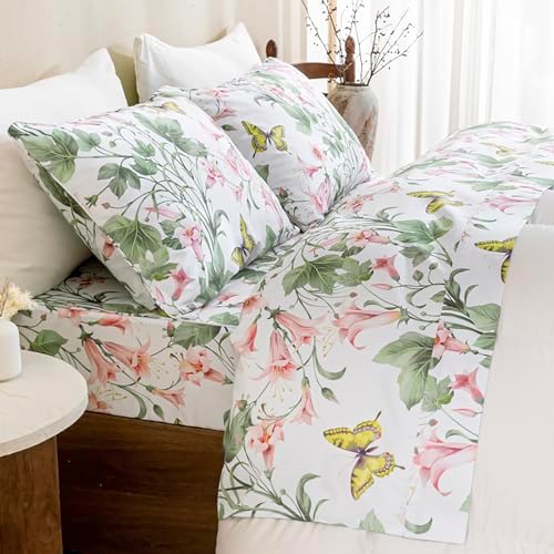 QSH Butterfly Bed Sheets Set Queen Size 100% Egyptian Cotton Sheet Wild Flower Leaves Printed Pattern Bedding Sheets Spring Floral Bedsheets Deep Pockets 4PCs