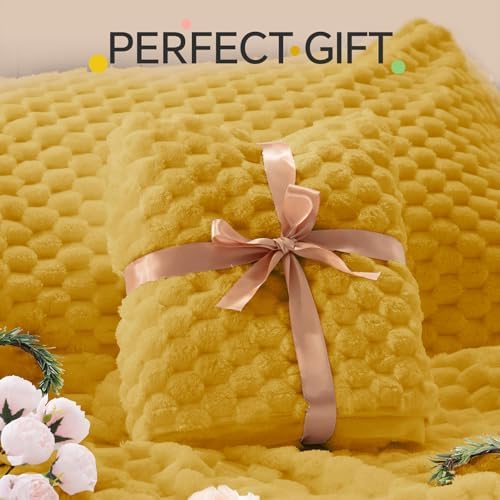 BEDELITE Fluffy Queen Comforter Set, Yellow Fleece Bed Set 3 Pieces