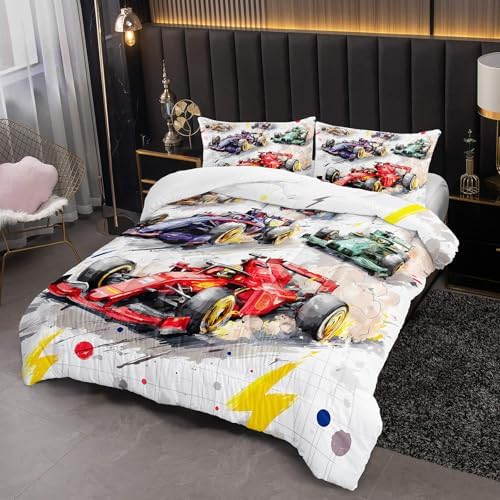 Race Car Comforter Twin Size,Race Car Kids Comforter Set,3Pcs Bedding Set Printed Comforter with 2 Pillowcases,Down Alternative,Soft and Lightweight,for All Seasons
