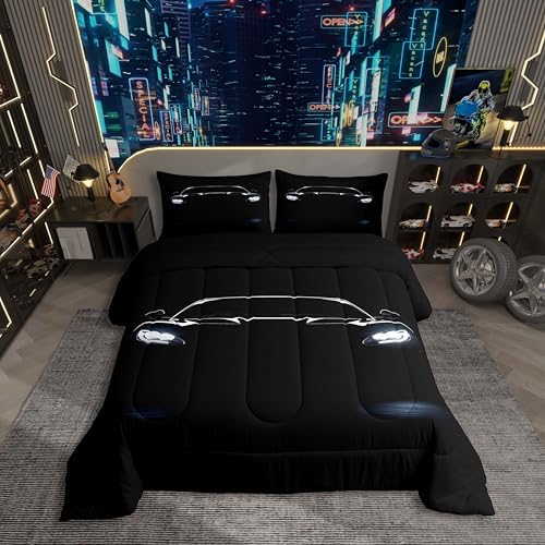Black Race Car Comforter Set Queen Size,Race Car Room Decor for Boys,Sports Bedding Sets for Kids Boys Girls Teens,Cars Racing Games Bedding Comforter Set,Luxury Soft With 2 Pillow Cases Bedroom Decor