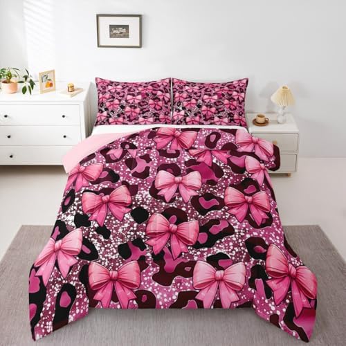 jejeloiu Bowknot Comforter Set Toddler Size Leopard Bedding Set for Kids Boys Girls Bow-tie Duvet Quilt Cheetah Bedroom Decor Microfiber 2 Pcs with 1 Pillow Cases