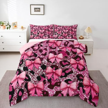 jejeloiu Bowknot Comforter Set Toddler Size Leopard Bedding Set for Kids Boys Girls Bow-tie Duvet Quilt Cheetah Bedroom Decor Microfiber 2 Pcs with 1 Pillow Cases