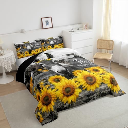 Erosebridal Donkey Comforter Set - Full Size Funny Farm Animal Bedding 3 Piece for Boys & Girls - Rustic Farmhouse Sunflower Duvet Insert - Cute Farm Donkey Print Quilt with 2 Pillowcases
