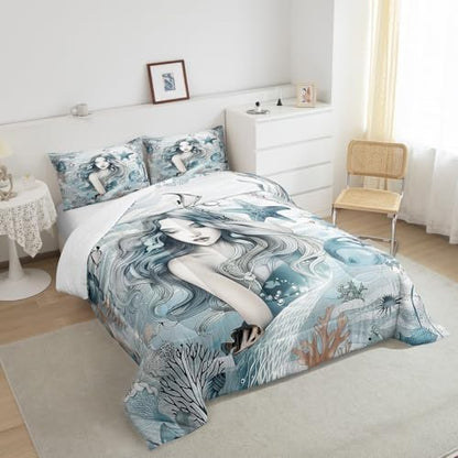 Homewish Beauty Mermaid Girl Comforter Set Queen Size,Coral Shell Starfish Bedding Set for Kids Girls Boys Teens Room Decor,Fantasy Sea Life Quilt Set Ocean Blue Vintage Duvet Insert,2 Pillowcases