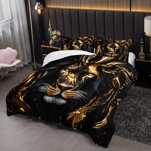 Black & Gold King Comforter Set Lion，Animal Print King Size Bedding，with 1 Comforter with 2 Pillow Case，Lion Themed Bedroom Decor for Boy Kids