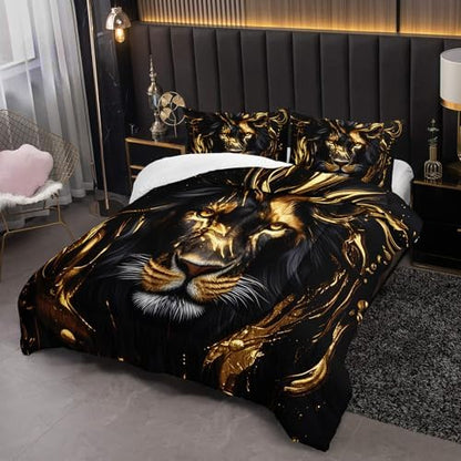 Black & Gold Queen Comforter Set Lion，Animal Print Queen Size Bedding，with 1 Comforter with 2 Pillow Case，Lion Themed Bedroom Decor for Boy Kids