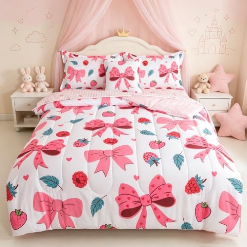ADASMILE A & S Bows Comforter Twin Size for Girls 6Pcs Pink Bowknot Bedding