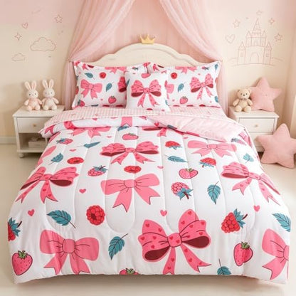 ADASMILE A & S Bows Comforter Twin Size for Girls 6Pcs Pink Bowknot Bedding