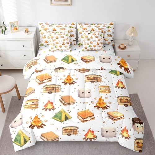 Erosebridal 7 Pcs Camper Bed in A Bag Full for Kids,Happy Camping Bunk Comforter Set with Sheets,Rv Car Bedding Accessories for Travel Trailers,Cute Campfire Dessert Adventure Bed Set