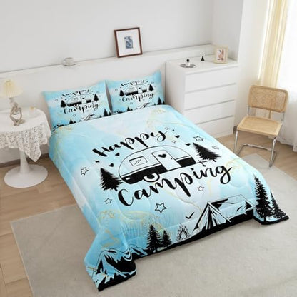 Manfei Happy Camping Camper Kids Comforter Set Queen Size,Star Pine Tree Mountain Bedding Set,Girls Boys Room Decor,Rustic Farmhouse Cabin Quilt Comforter,Blue Country Duvet Insert,2 Pillowcases