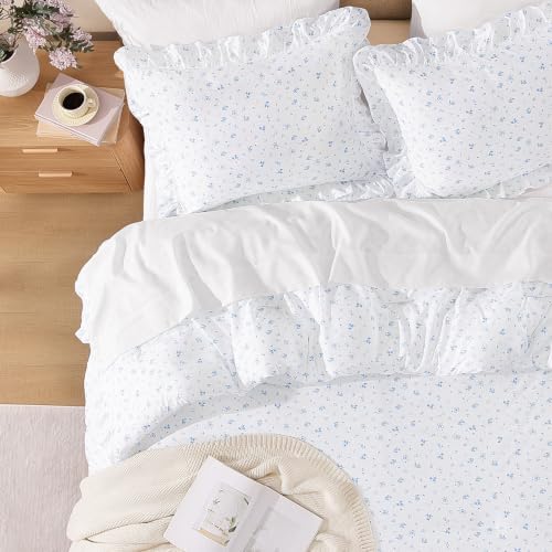 Andency Blue Floral Ruffle Comforter Full, Flower Printed Bedding Set