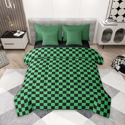 jejeloiu Green Black Plaid Comforter Set with Sheets 7 Piece Full Size Checkered Classic Bed in a Bag Kids Boys Girls Grid Geometric Bedding Set Bedroom Decor Breathable Soft Lightweight Microfiber