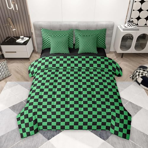 jejeloiu Green Black Plaid Comforter Set with Sheets 7 Piece Twin Size
