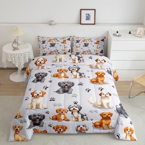 Feelyou Kids Cute Dog Comforter Set Cartoon Dogs Bedding Set for Boys Girls Pet Dog Puppy Animal Lover Comforter Lovely Dog Paw Comforter for All Season Room Decor King Size Boys