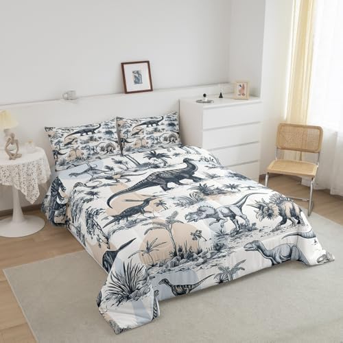 Erosebridal Kids Dinosaur Comforter Set, Dino Palm Tree Bedding Set Queen Size for Boys Teens Adult Bedroom, Ancient Animal Duvet Sets Mountain Tropical Botanical Quilted Duvet with 2 Pillow Cases