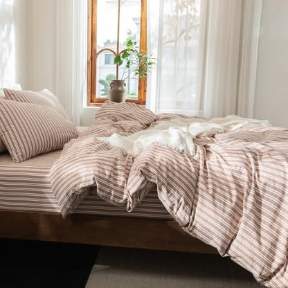 FOSSA Striped Duvet Cover Set 100% Washed Cotton Linen Feel King