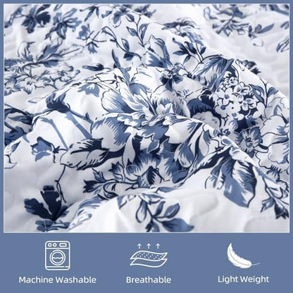WONGS BEDDING Botanical Quilt King Size, 3 Pieces Bedspread Set,Blue