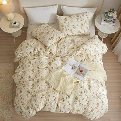 VM VOUGEMARKET Yellow Floral Duvet Cover Full 3 Pieces Cotton Girls Cottagecore Bedding Set,Rose Flower Comforter Cover with Zipper Closure,Vintage Country Bedding 80x90 Inch