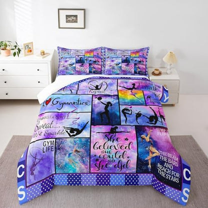 Manfei Gymnastics Comforter Set Twin Size Gymnastics Lovers Bedding Set 2pcs for Gymnast Girls Teens Room Decor, Geometric Checkered Print Quilt Set Luxury Girly Duvet Set with 1 Pillowcase