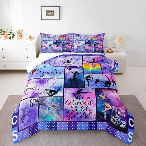 Manfei Gymnastics Comforter Set Queen Size Gymnastics Lovers Bedding Set 3pcs for Gymnast Girls Teens Room Decor, Geometric Checkered Print Quilt Set Luxury Girly Duvet Set with 2 Pillowcases