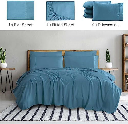 Mueller UltraTemp 6 PC Queen Sheet Set - Ultra-Soft Luxury Series, Cooling & Breathable Hotel Luxury Bed Sheets, Deep Pocket Wrinkle-Free Oeko-TEX, Denim