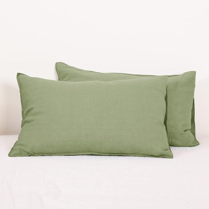 Simple&Opulence 100% Linen Pillowcases Basic Style Solid Color Set of 2, Queen Size Stone Washed Flax Pillow Cover Envelope Closure (20''x30'', Sage Green)