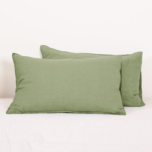 Simple&Opulence 100% Linen Pillowcases Basic Style Solid Color Set of 2, Queen Size Stone Washed Flax Pillow Cover Envelope Closure (20''x30'', Sage Green)