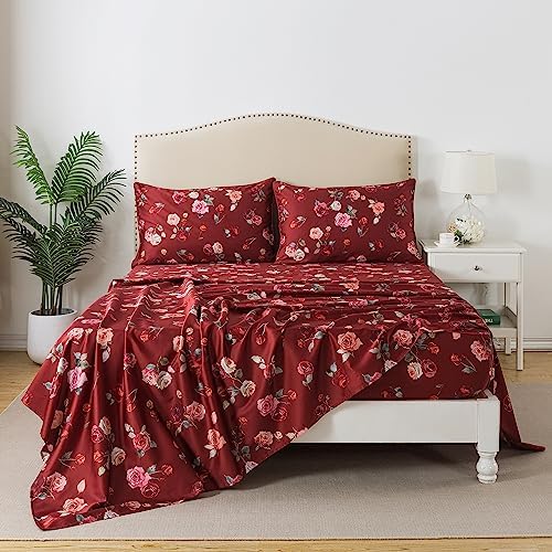 FADFAY Red Rose Sheets Set Full Vintage Rose Floral Bedding Chic Rose Flower Bed Sheets Shabby Farmhouse Bedding 100% Percale Egyptian Cotton 800 Thread Count Deep Pocket Fitted Sheet 4Pcs, Full Size