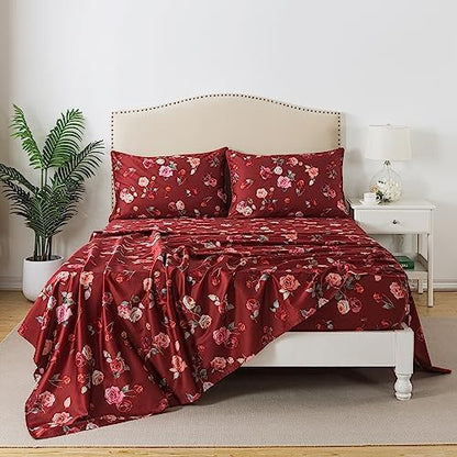 FADFAY Red Rose Sheets Set Full Vintage Rose Floral Bedding Chic Rose Flower Bed Sheets Shabby Farmhouse Bedding 100% Percale Egyptian Cotton 800 Thread Count Deep Pocket Fitted Sheet 4Pcs, Full Size
