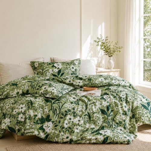 Floral Comforter Queen Size - 100% Cotton Green Comforter Set 3pcs, Leaf Print Soft Hypoallergenic Bedding Set