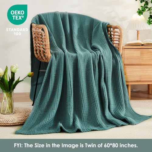 EMME Muslin Blankets for Adults Throw Blanket for Couch Breathable Gauze Soft Lightweight Airy Dark Teal Twin 60" x 80"