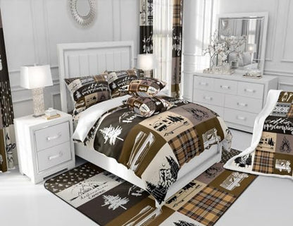 Castle Fairy Camper Patchwork Full Size Comforter Set,Happy Camping Cabin Hunting Adventure Bedding Comforters Bedroom Collection,Travel Trailers Decor Boho Aztec Exotic Bedding Set for Girls Teens