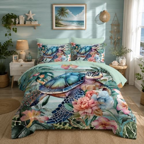 Nttopship Spring Sea Turtle Comforter Set 7 Pcs Bedding Set Full Size,Spring Sea Turtle Theme Bedding Set 7 Piece in A Bag,Wooden Floral Tropical Plants Printed Quilts Set Lightweight Soft