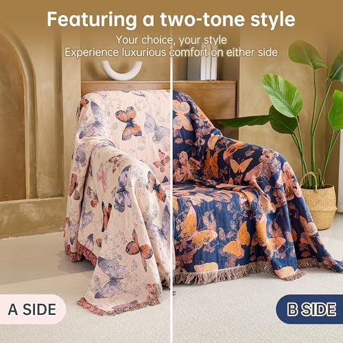 VANJOROY Boho Throw Blanket, 100% Organic Cotton Breathable Ultra Soft 80" x 90" Bed Quilt Throw - All Season Floral Rustic Farmhouse Decor Luxury Reversible Blanket for Sofa Couch Chair and Gift