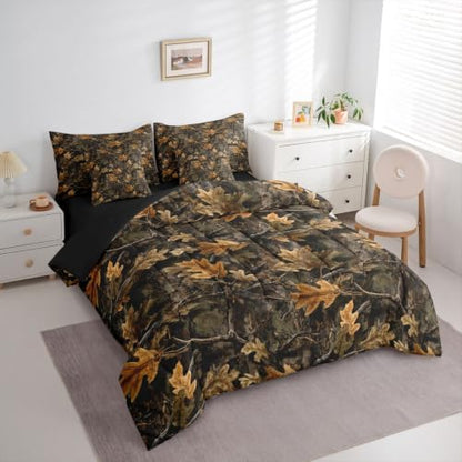 Erosebridal Camo Bedding Set King Hunting Camouflage Comforter Set 7 Piece Cabin Lodge Forest Vintage Bed in A Bag for Adults Nature Camo Tree Leaves Quilt with Flat Fitted Sheet