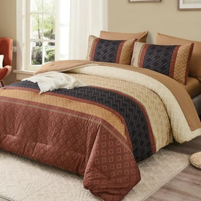 Queen 7-Piece Burnt Orange Striped Comforter Set,Warm Boho Bedding