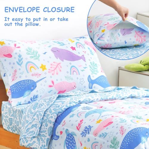 Mooreeke Toddler Bedding Sets for Girls,4 Pieces Blue Ocean Animals Printed