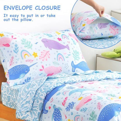 Mooreeke Toddler Bedding Sets for Girls,4 Pieces Blue Ocean Animals Printed