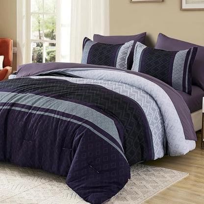 Cottolester Queen Comforter Set,Black Purple Boho Striped Bed in a Bag