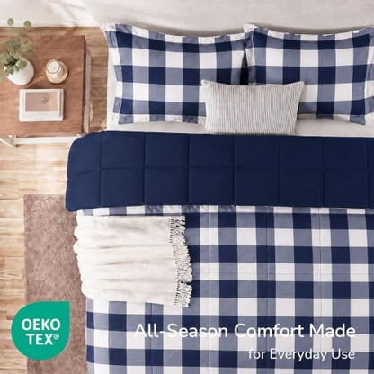 downluxe Twin Comforter Set Soft Reversible 2 Pieces, Plaid Blue/White