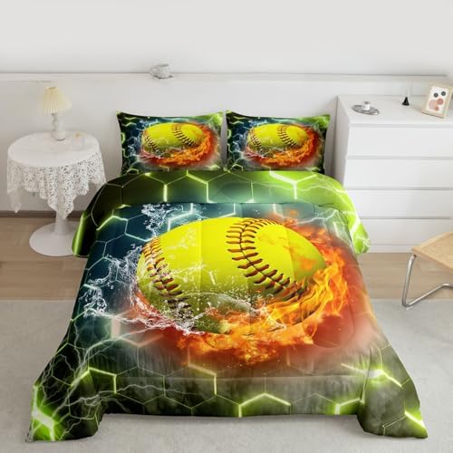 Erosebridal Softball Bedding Set Softball Gifts for Girls, Neon Honeycomb Comforter Set Queen Size, Geometric Hexagon Gradient Quilt Sports Games Ice and Fire Duvet Insert for Boys Teens, Yellow