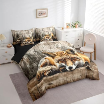 Erosebridal Fox Hunting Bed in A Bag 7 Pcs Jungle Wildlife Comforter Set for Kids Boys Girls Natural Woodland Animals Bedding Sets Full Rustic Country Pine Trees Sheet Set with Comforter