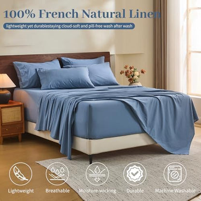 MEISHANG 100% French Linen Sheets King,6 Pcs,18-24" Extra Deep Pocket